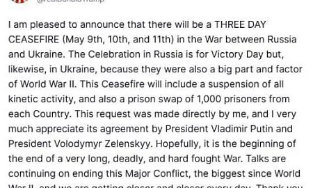 Трамп объявил о трёхдневном перемирии между Россией и Украиной и об обмене пленными 