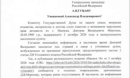 Депутат ГД Останина обратилась к генпрокурору с просьбой проверить обстоятельства задержания ижевского активиста Дмитрия Морозова