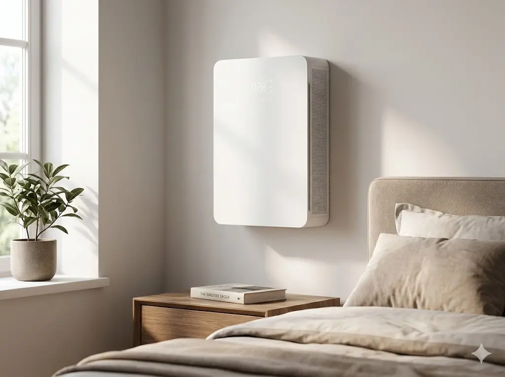 Белый бризер на стене в спальне для очистки уличного воздуха