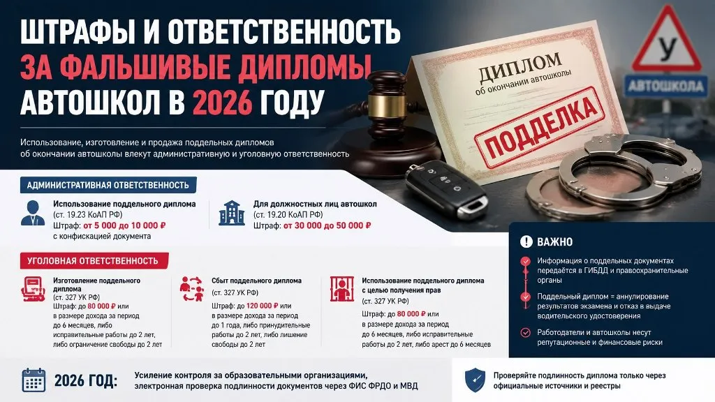 Штрафы и ответственность за фальшивые дипломы автошкол в 2026 году