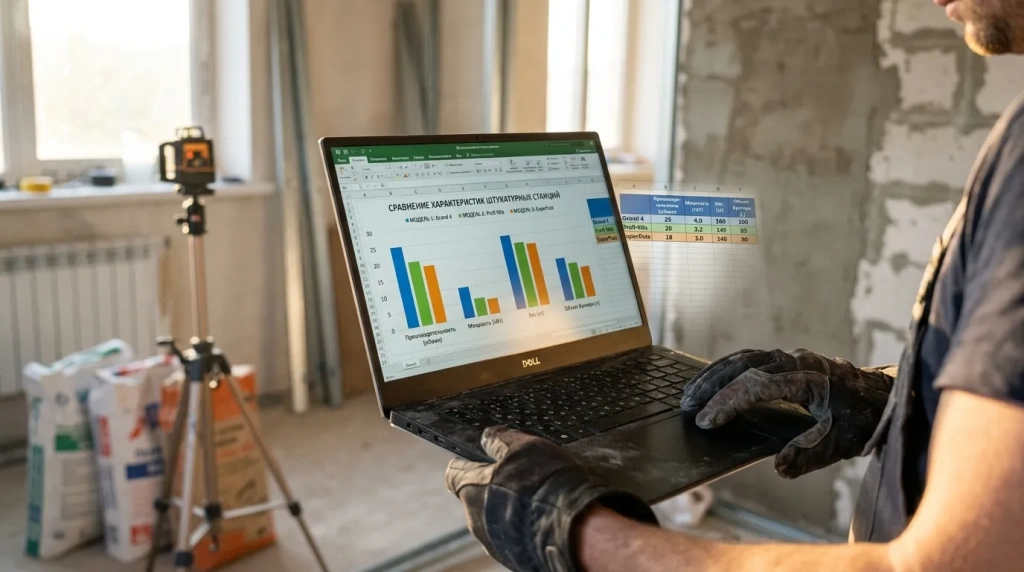 График сравнения характеристик моделей штукатурных станций с таблицей данных на экране компьютера строителя