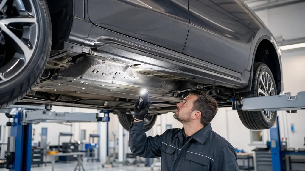 Осмотр днища и арок Kia перед антикоррозийной обработкой