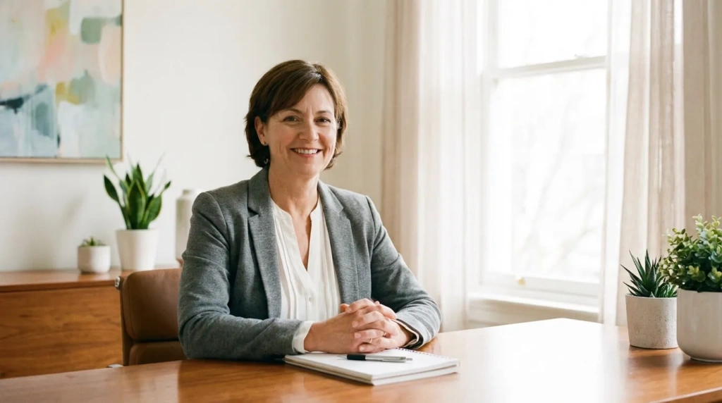 молодая женщина средних лет сидит за деревянным столом в светлой консультационной комнате частной клиники