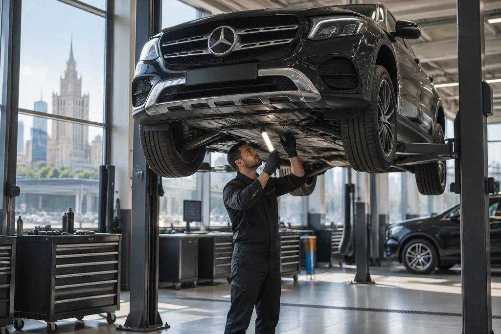 Автомеханик в черной униформе с фонариком осматривает подвеску автомобиля Mercedes-Benz на подъемнике в светлом автосервисе