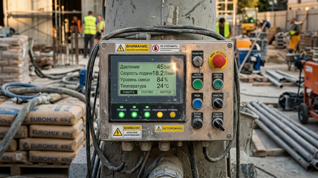 Панель управления штукатурной станцией с индикаторами параметров на стройке