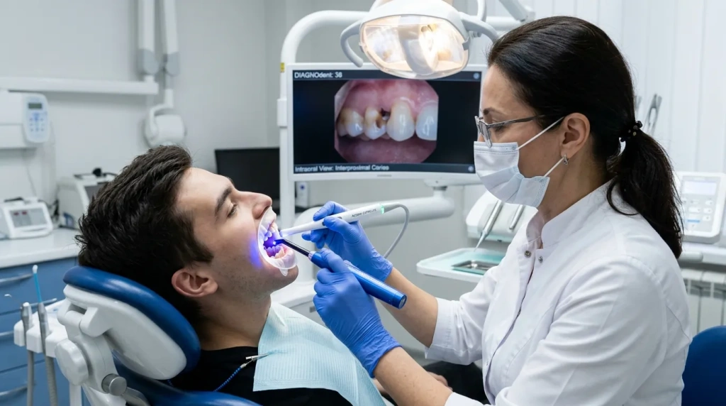 Стоматолог проводит диагностику кариеса между зубами с помощью интраоральной камеры и лазерного сканера