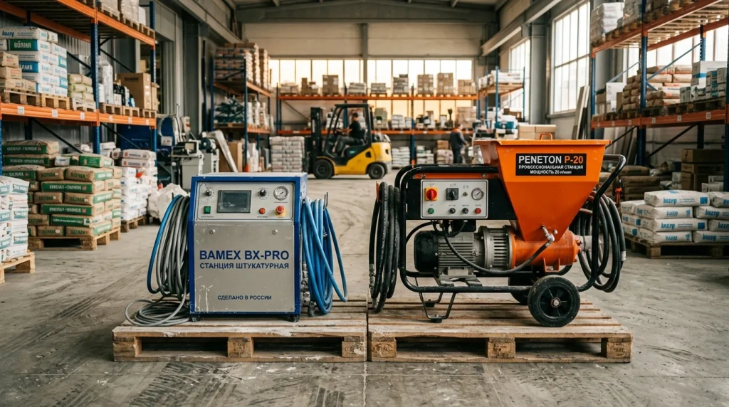 Сравнение популярных моделей штукатурных станций Бамекс и Пенетон на складе в России