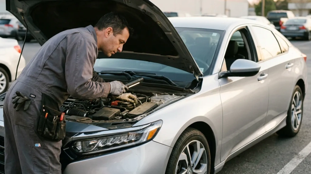 Осмотр автомобиля специалистом во время выкупа