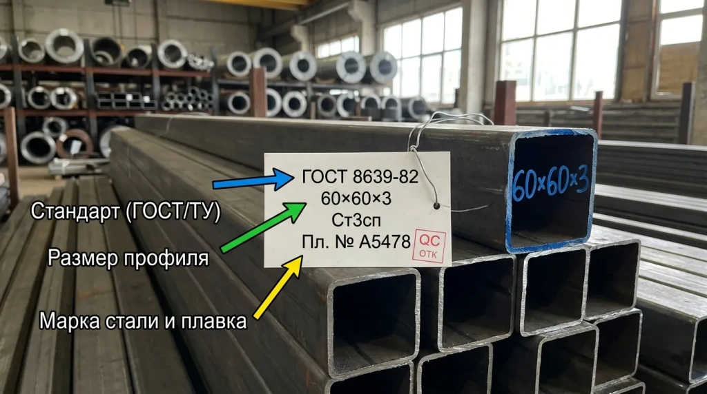 Маркировка профильной трубы ГОСТ на бирке и торце с указанием размера и марки стали