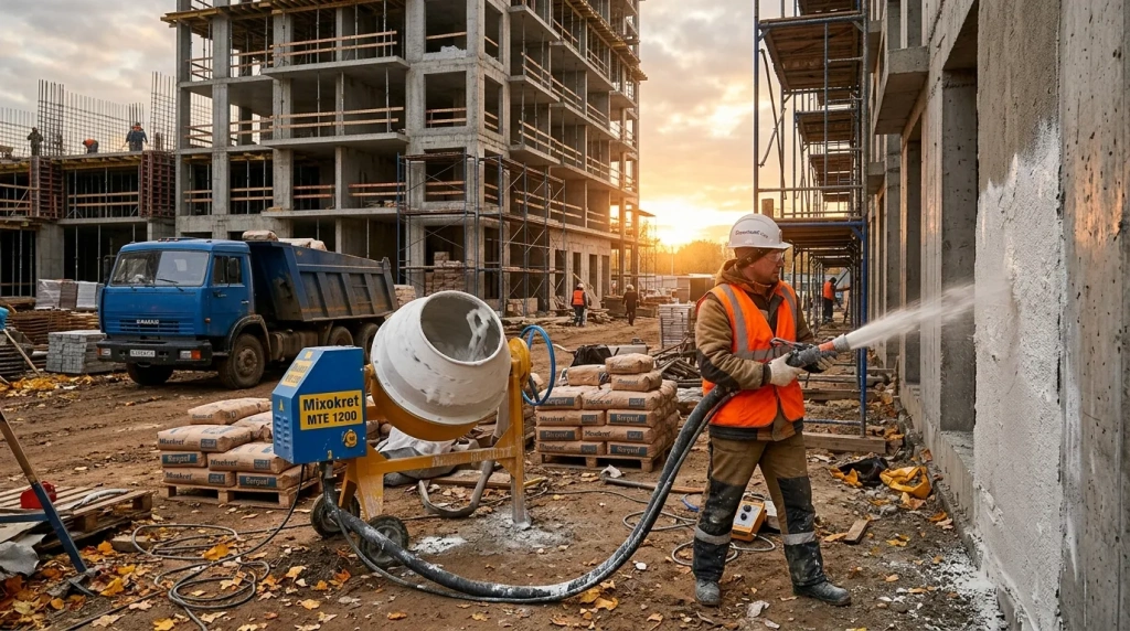 Штукатурная станция в действии на стройплощадке в России