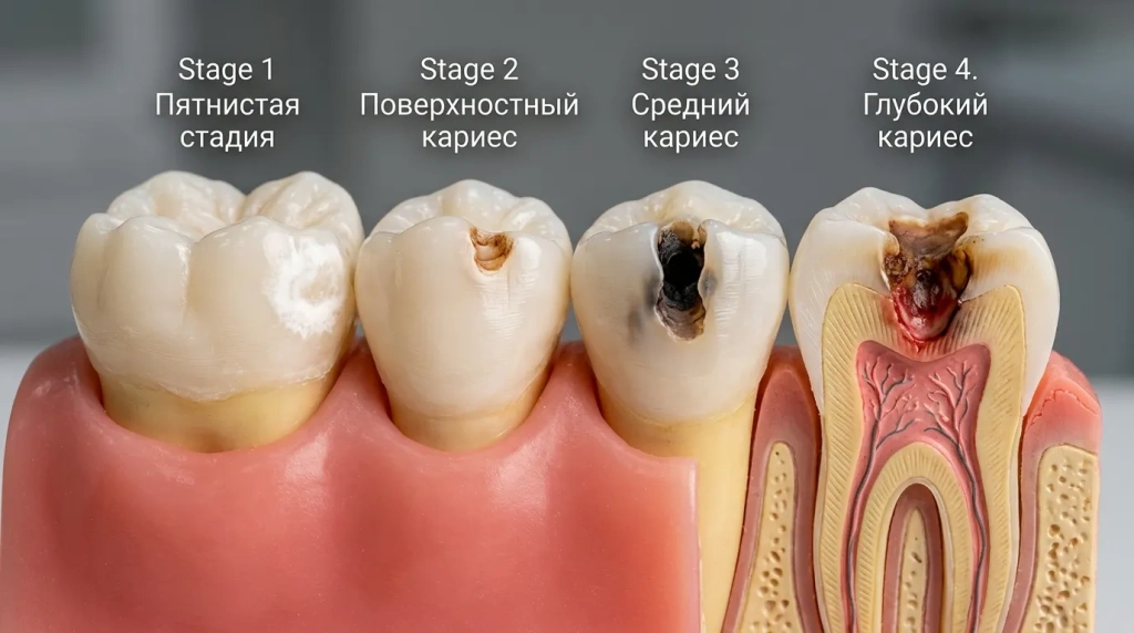 Этапы развития кариеса между зубами от пятнистой стадии до глубокого поражения