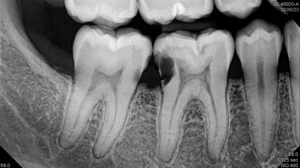 Схема кариеса между зубами на рентгеновском снимке