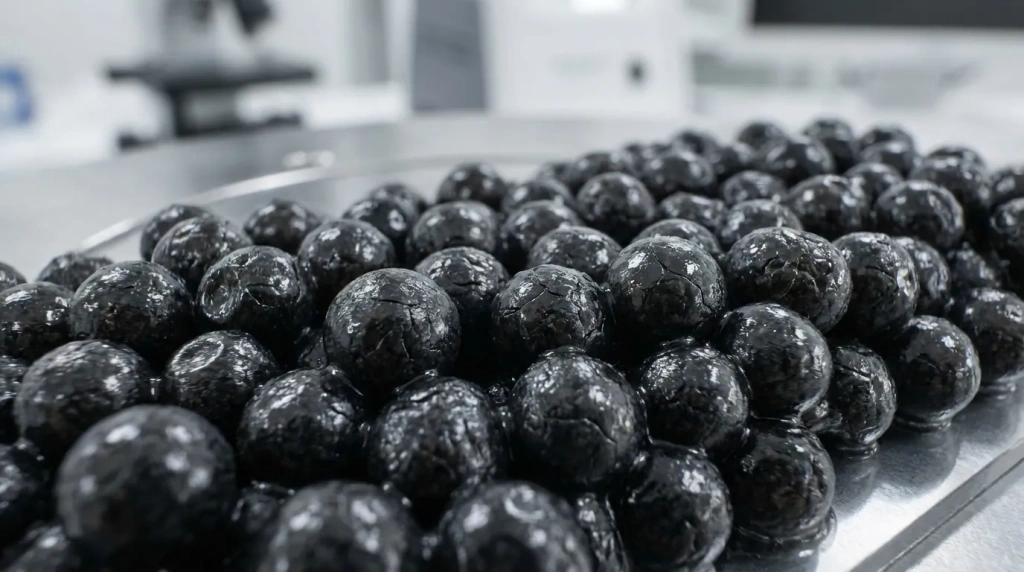 Текстура зерен забойной и дойной черной икры под микроскопом