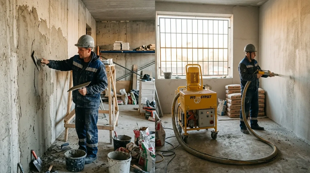 Сравнение ручной штукатурки и работы станцией на российском объекте
