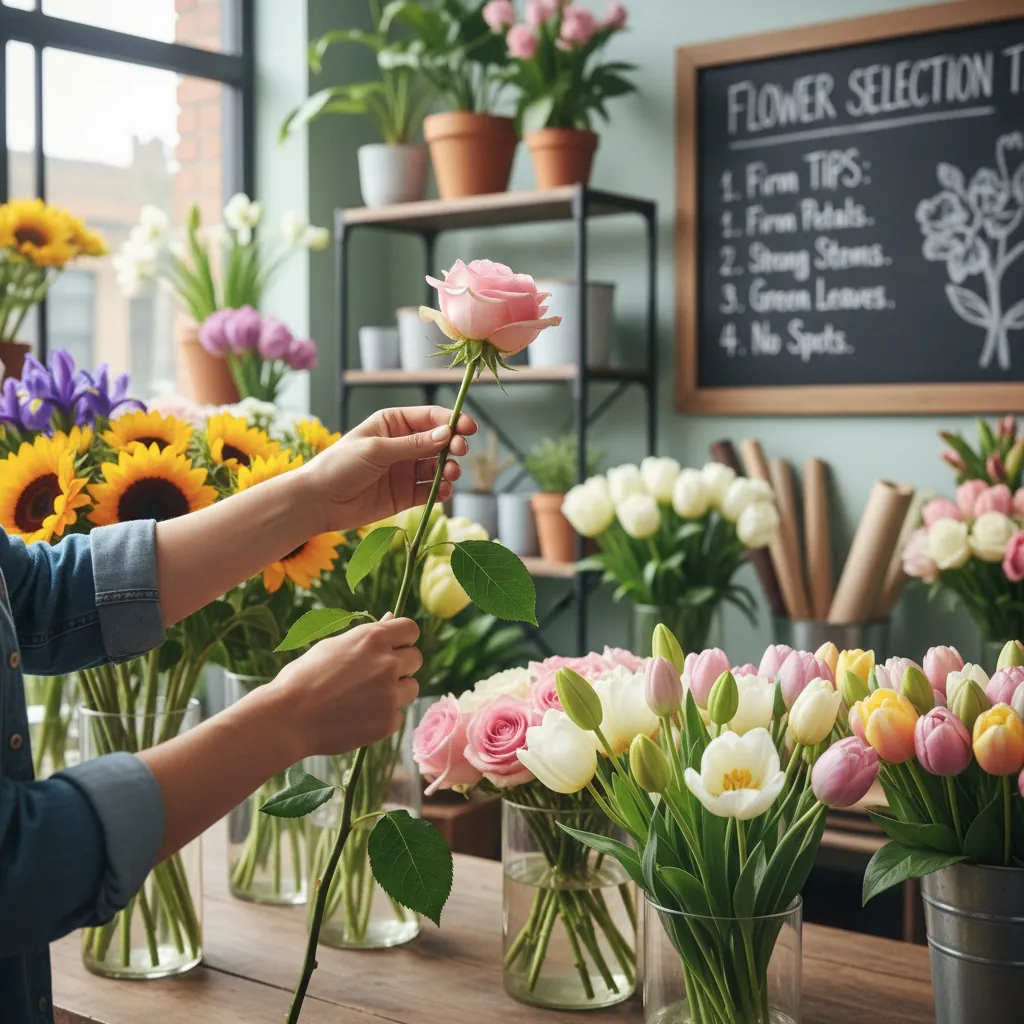 Florist inspecting fresh flowers, checking petals and stems for quality