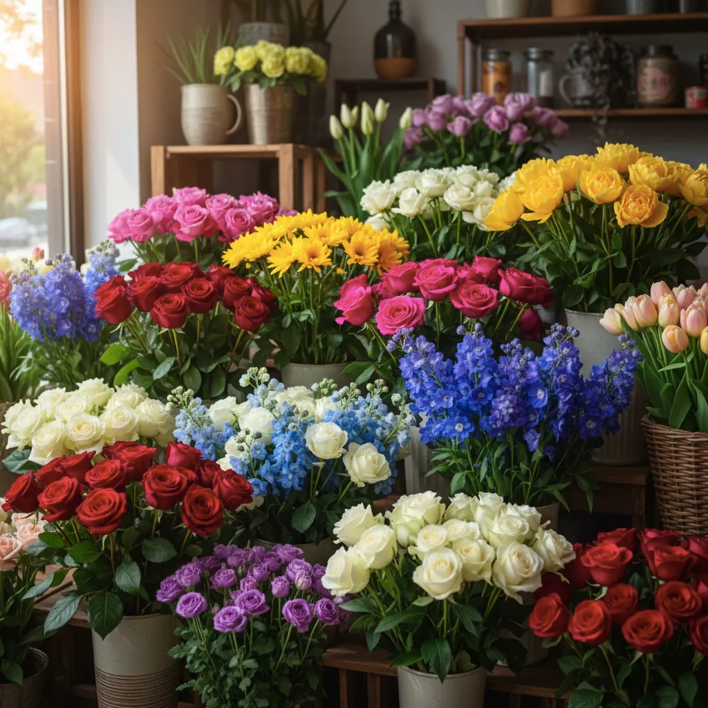 Fresh flower bouquets with vibrant colors in a floral shop
